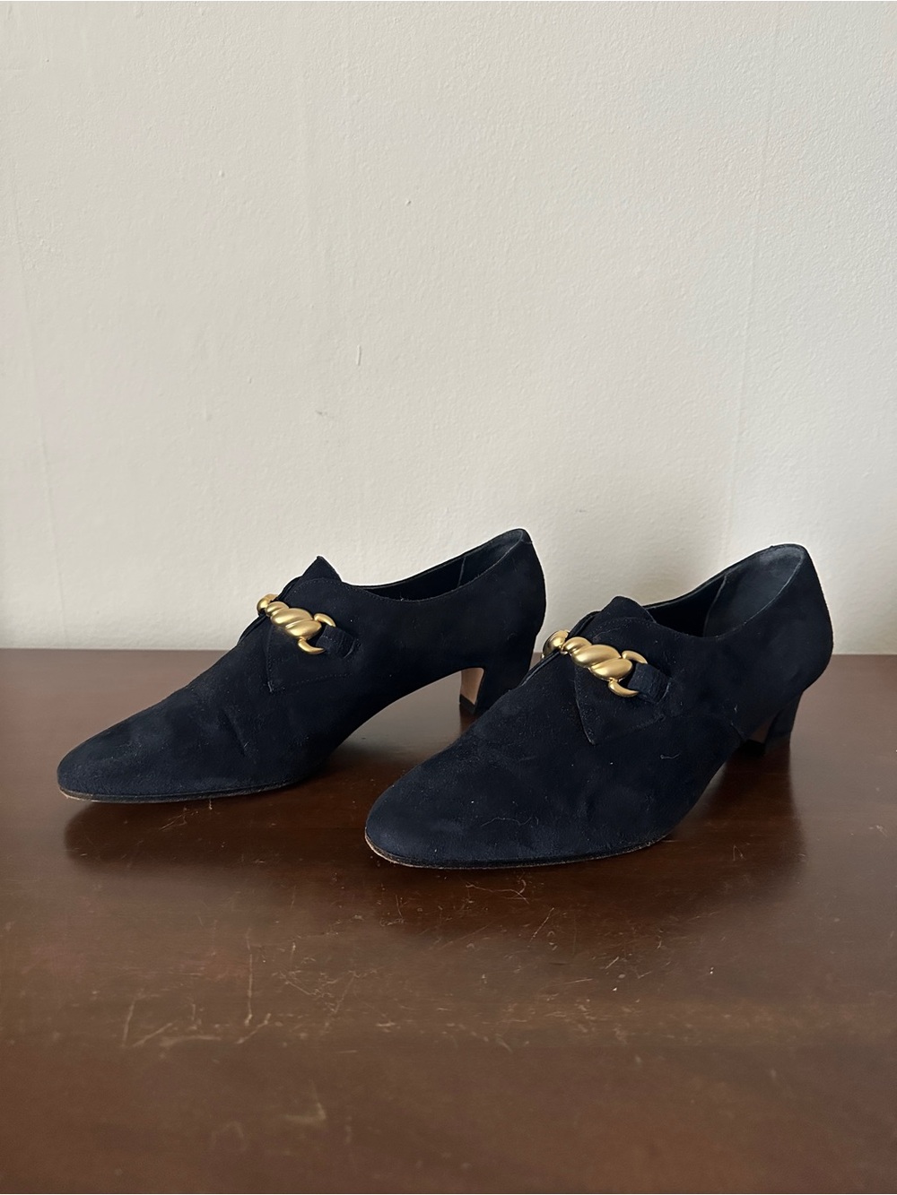 Vintage Vaneli Black Suede Kitten Heels with Gold Horsebit Hardware